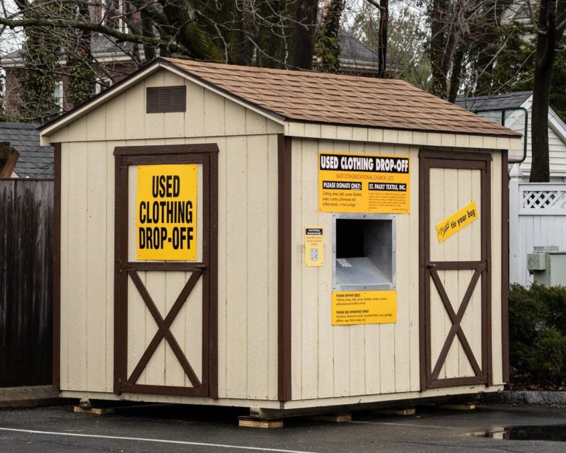 Used clothing drop off shed in East Church parking lot