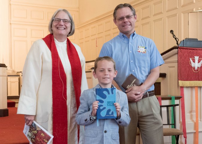 Bible presentation. Nate's father, Bob, brought the Bible he received in East Church when he graduated third grade!